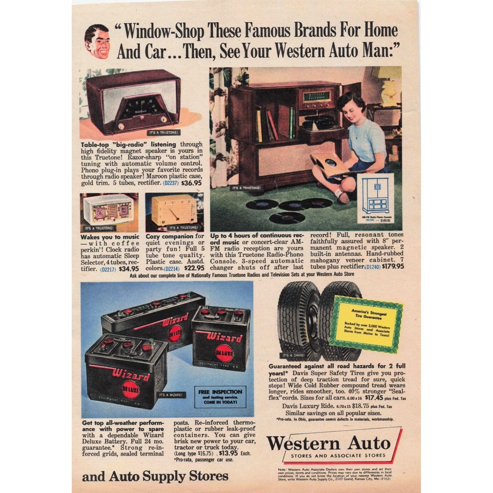Vintage Western Auto Print Ad Truetone Radio Wizard Battery Davis Tires 1950s - Picture 1 of 1